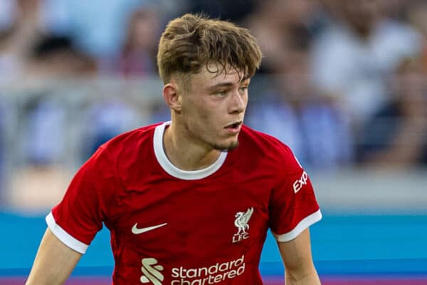 KARLSRUHE, GERMANY - Wednesday, July 19, 2023: Liverpool's Conor Bradley during a pre-season friendly match between Karlsruher SC and Liverpool FC at the Wildparkstadion. Liverpool won 4-2. (Pic by David Rawcliffe/Propaganda)