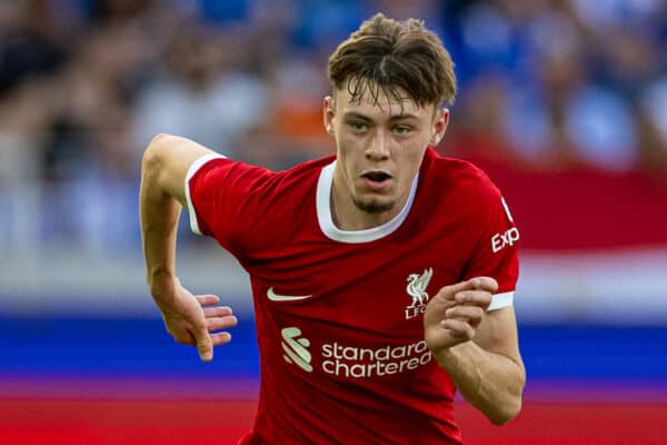 KARLSRUHE, GERMANY - Wednesday, July 19, 2023: Liverpool's Conor Bradley during a pre-season friendly match between Karlsruher SC and Liverpool FC at the Wildparkstadion. Liverpool won 4-2. (Pic by David Rawcliffe/Propaganda)