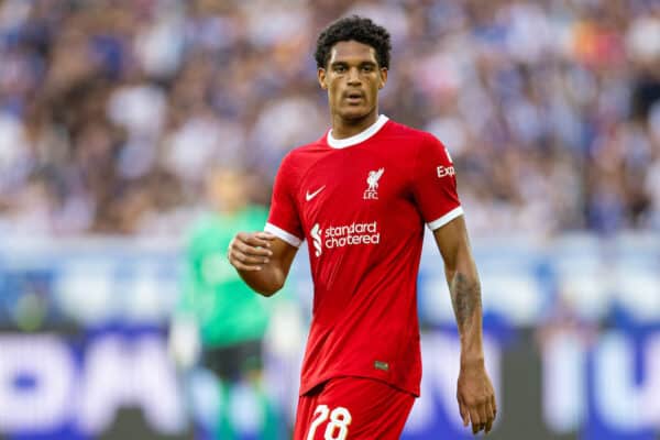 KARLSRUHE, GERMANY - Wednesday, July 19, 2023: Liverpool's Jarell Quansah during a pre-season friendly match between Karlsruher SC and Liverpool FC at the Wildparkstadion. Liverpool won 4-2. (Pic by David Rawcliffe/Propaganda)