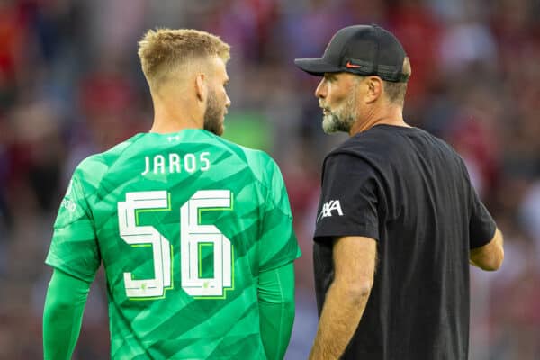 KARLSRUHE, GERMANY - Wednesday, July 19, 2023: Liverpool's manager Jürgen Klopp (L) speaks with goalkeeper Vitezslav Jaros after a pre-season friendly match between Karlsruher SC and Liverpool FC at the Wildparkstadion. Liverpool won 4-2. (Pic by David Rawcliffe/Propaganda)