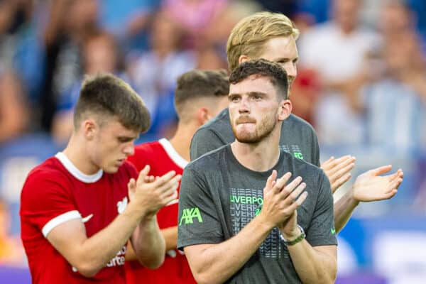 KARLSRUHE, GERMANY - Wednesday, July 19, 2023: Liverpool's Andy Robertson applauds the supporters on a lap of appreciation after a pre-season friendly match between Karlsruher SC and Liverpool FC at the Wildparkstadion. Liverpool won 4-2. (Pic by David Rawcliffe/Propaganda)