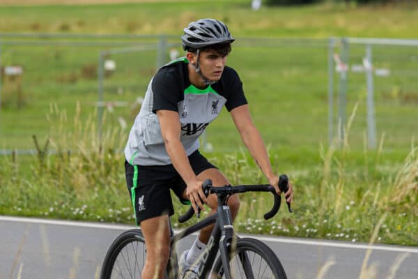 DONESCHINGEN, GERMANY - Saturday, July 22, 2023: Liverpool's Stefan Bajcetic rides back to the team hotel on a bike after a morning training session during a pre-season training camp in Germany. (Pic by David Rawcliffe/Propaganda)