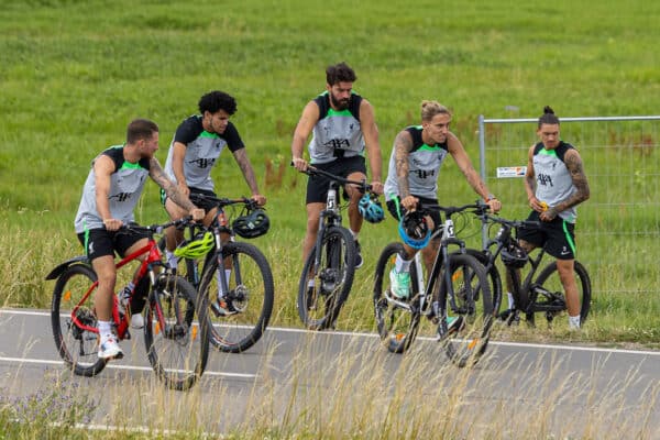 DONESCHINGEN, GERMANY - Saturday, July 22, 2023: Liverpool's Alexis Mac Allister, Luis Díaz, goalkeeper Alisson Becker, Diogo Jota and Darwin Núñez ride back to the team hotel on bikes after a morning training session during a pre-season training camp in Germany. (Pic by David Rawcliffe/Propaganda)