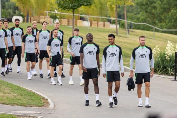 DONESCHINGEN, GERMANY - Sunday, July 23, 2023: Liverpool players leave the hotel to greet supporters before a pre-season training session at their camp in Germany. Ibrahima Konaté, Cody Gakpo, goalkeeper Adrián San Miguel del Castillo. (Pic by David Rawcliffe/Propaganda)