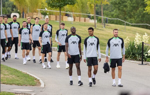 DONESCHINGEN, GERMANY - Sunday, July 23, 2023: Liverpool players leave the hotel to greet supporters before a pre-season training session at their camp in Germany. Ibrahima Konaté, Cody Gakpo, goalkeeper Adrián San Miguel del Castillo. (Pic by David Rawcliffe/Propaganda)