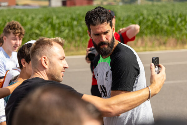 DONESCHINGEN, GERMANY - Sunday, July 23, 2023: Liverpool's goalkeeper Alisson Becker signs autographs for supporters before a pre-season training session at their camp in Germany. (Pic by David Rawcliffe/Propaganda)