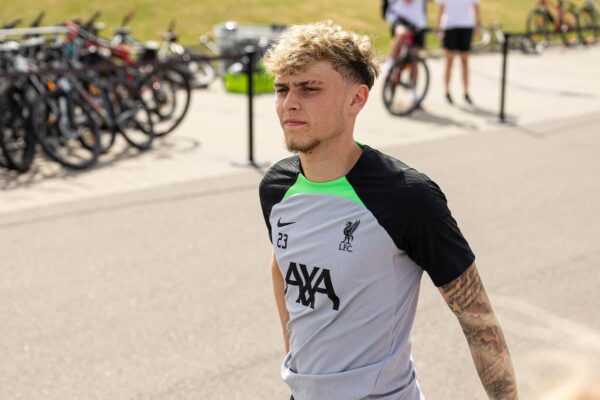 DONESCHINGEN, GERMANY - Sunday, July 23, 2023: Liverpool's Bobby Clark meets supporters before a pre-season training session at their camp in Germany. (Pic by David Rawcliffe/Propaganda)