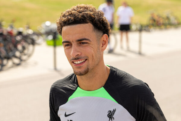 DONESCHINGEN, GERMANY - Sunday, July 23, 2023: Liverpool's Curtis Jones meets supporters before a pre-season training session at their camp in Germany. (Pic by David Rawcliffe/Propaganda)