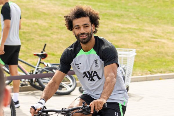 DONESCHINGEN, GERMANY - Sunday, July 23, 2023: Liverpool's Mohamed Salah on a bike before a pre-season training session at their camp in Germany. (Pic by David Rawcliffe/Propaganda)