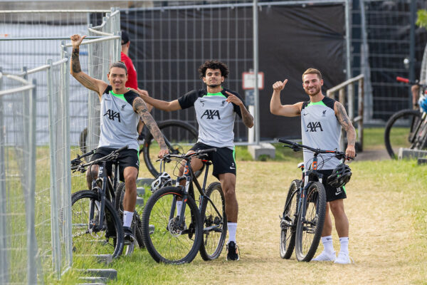 DONESCHINGEN, GERMANY - Sunday, July 23, 2023: Liverpool's (L-R) Darwin Núñez, Luis Díaz and Alexis Mac Allister after a training session during the pre-season training camp in Germany. (Pic by David Rawcliffe/Propaganda)