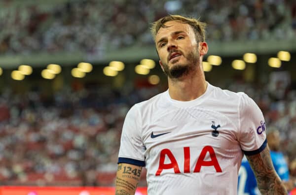 SINGAPORE - Wednesday, July 26, 2023: Tottenham Hotspur's James Maddison during the Tiger Cup pre-season friendly match between Tottenham Hotspur FC and Lion City Sailors FC at the Singapore National Stadium. Tottenham won 5-1. (Pic by David Rawcliffe/Propaganda)