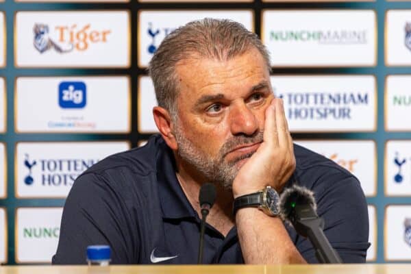 SINGAPORE - Wednesday, July 26, 2023: Tottenham Hotspur's manager Ange Postecoglou during a post-match press conference after the Tiger Cup pre-season friendly match between Tottenham Hotspur FC and Lion City Sailors FC at the Singapore National Stadium. Tottenham won 5-1. (Pic by David Rawcliffe/Propaganda)