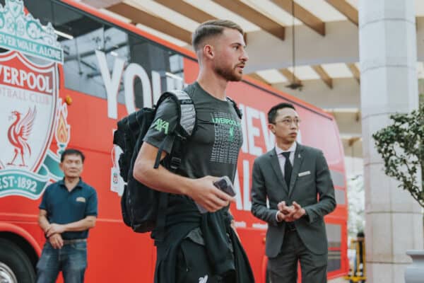 SINGAPORE - Friday, July 28, 2023: Liverpool's Alexis Mac Allister arrives at the Ritz-Carlton Hotel in Singapore ahead of the Singapore Festival of Football pre-season tournament. (Credit: Singapore Festival of Football)