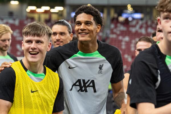 SINGAPORE - Saturday, July 29, 2023: Liverpool's Ben Doak (L) and Jarell Quansah after a training session ahead of the pre-season friendly match between Liverpool FC and Leicester City FC at the Singapore National Stadium. (Pic by David Rawcliffe/Propaganda)