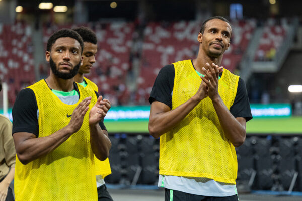 SINGAPORE - Saturday, July 29, 2023: Liverpool's Joe Gomez (L) and Joël Matip after a training session ahead of the pre-season friendly match between Liverpool FC and Leicester City FC at the Singapore National Stadium. (Pic by David Rawcliffe/Propaganda)