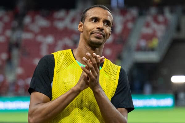 SINGAPORE - Saturday, July 29, 2023: Liverpool's Joe Gomez (L) and Joël Matip after a training session ahead of the pre-season friendly match between Liverpool FC and Leicester City FC at the Singapore National Stadium. (Pic by David Rawcliffe/Propaganda)