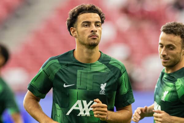 SINGAPORE - Sunday, July 30, 2023: Liverpool's Curtis Jones during the pre-match warm-up before a pre-season friendly match between Liverpool FC and Leicester City FC at the Singapore National Stadium. (Pic by David Rawcliffe/Propaganda)