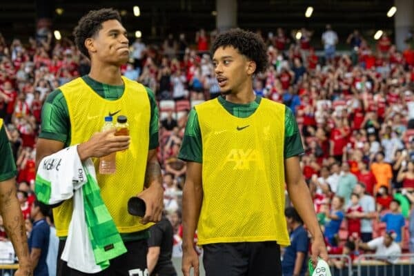 SINGAPORE - Sunday, July 30, 2023: Liverpool substitutes Jarell Quansah (L) and Calum Scanlon before a pre-season friendly match between Liverpool FC and Leicester City FC at the Singapore National Stadium. (Pic by David Rawcliffe/Propaganda)