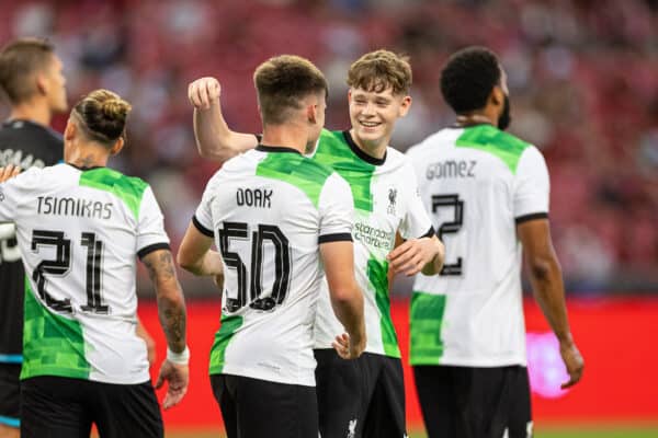 SINGAPORE - Sunday, July 30, 2023: Liverpool's Ben Doak (#50) celebrates with team-mate James McConnell after scoring the fourth goal during a pre-season friendly match between Liverpool FC and Leicester City FC at the Singapore National Stadium. (Pic by David Rawcliffe/Propaganda)