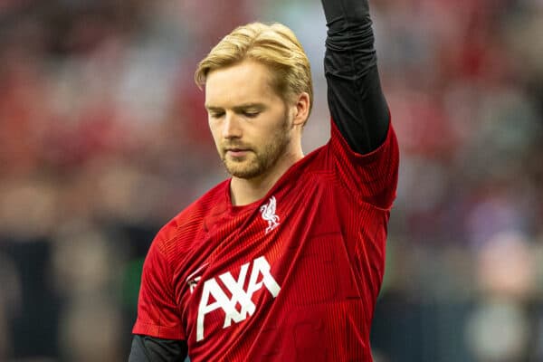 SINGAPORE - Wednesday, August 2, 2023: Liverpool's goalkeeper Caoimhin Kelleher during the pre-match warm-up before a pre-season friendly match between Liverpool FC and FC Bayern Munich FC at the Singapore National Stadium. Bayern won 4-3. (Pic by David Rawcliffe/Propaganda)