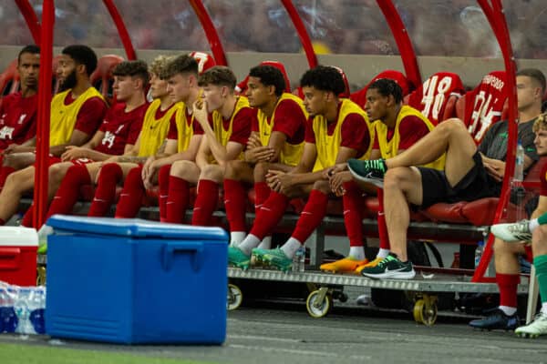 SINGAPORE - Wednesday, August 2, 2023: Liverpool substitutes Ben Doak, James McConnell, Jarell Quansah,, Calum Scanlon, Melkamu Frauendorf during a pre-season friendly match between Liverpool FC and FC Bayern Munich FC at the Singapore National Stadium. Bayern won 4-3. (Pic by David Rawcliffe/Propaganda)