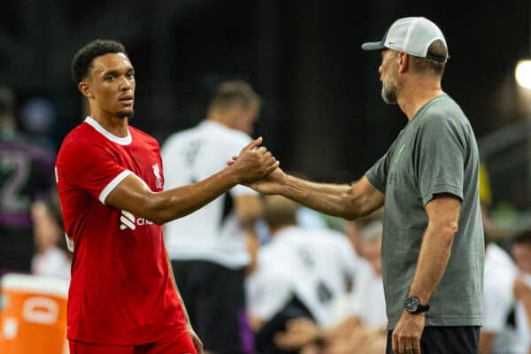 SINGAPORE - Wednesday, August 2, 2023: Liverpool's Trent Alexander-Arnold shakes hands with manager Jürgen Klopp after being substituted during a pre-season friendly match between Liverpool FC and FC Bayern Munich FC at the Singapore National Stadium. Bayern won 4-3. (Pic by David Rawcliffe/Propaganda)