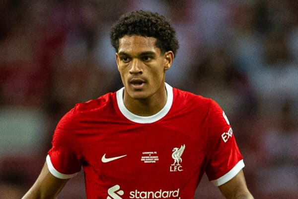 SINGAPORE - Wednesday, August 2, 2023: Liverpool's Jarell Quansah during a pre-season friendly match between Liverpool FC and FC Bayern Munich FC at the Singapore National Stadium. Bayern won 4-3. (Pic by David Rawcliffe/Propaganda)