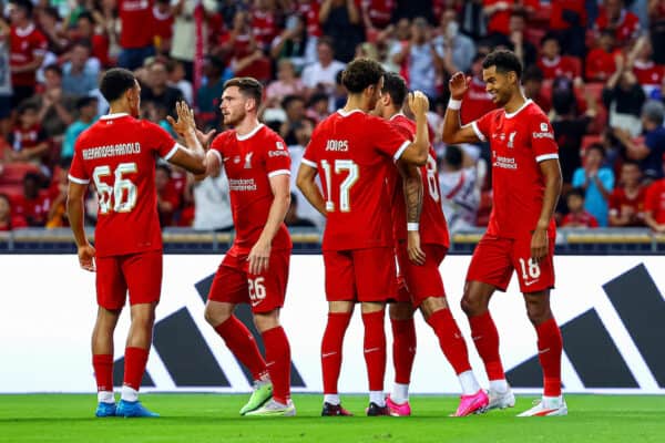 SINGAPORE - Wednesday, August 2, 2023: Liverpool's Cody Gakpo (R) celebrates after scoring the opening goal during a pre-season friendly match between Liverpool FC and FC Bayern Munich FC at the Singapore National Stadium. Bayern won 4-3. (Credit: Singapore Festival of Football)