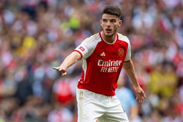 LONDON, ENGLAND - Sunday, August 6, 2023: Arsenal's Declan Rice during the FA Community Shield match between Manchester City FC and Arsenal FC at Wembley Stadium. Arsenal won 4-1 on penalties. (Pic by David Rawcliffe/Propaganda)