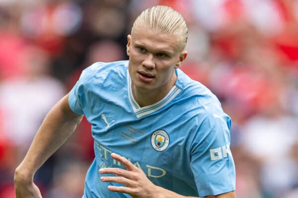 LONDON, ENGLAND - Sunday, August 6, 2023: Manchester City's Erling Haaland during the FA Community Shield match between Manchester City FC and Arsenal FC at Wembley Stadium. Arsenal won 4-1 on penalties. (Pic by David Rawcliffe/Propaganda)