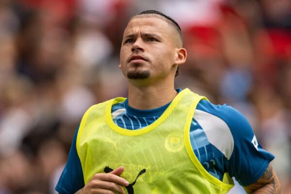 LONDON, ENGLAND - Sunday, August 6, 2023: Manchester City's substitute Kalvin Phillips warms-up during the FA Community Shield match between Manchester City FC and Arsenal FC at Wembley Stadium. Arsenal won 4-1 on penalties. (Pic by David Rawcliffe/Propaganda)