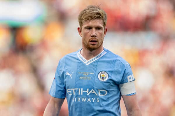 LONDON, ENGLAND - Sunday, August 6, 2023: Manchester City's Kevin De Bruyne during the FA Community Shield match between Manchester City FC and Arsenal FC at Wembley Stadium. Arsenal won 4-1 on penalties. (Pic by David Rawcliffe/Propaganda)