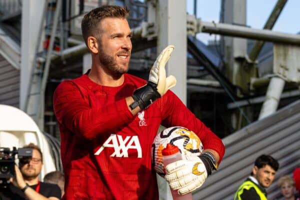 PRESTON, ENGLAND - Monday, August 7, 2023: Liverpool's goalkeeper Adrián San Miguel del Castillo during the pre-match warm-up before a pre-season friendly match between Liverpool FC and SV Darmstadt 98 at Deepdale. Liverpool won 3-1. (Pic by David Rawcliffe/Propaganda)
