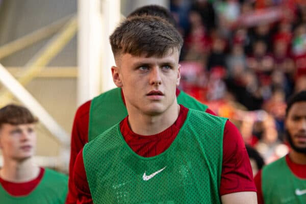 PRESTON, ENGLAND - Monday, August 7, 2023: Liverpool's substitute Ben Doak beofre during a pre-season friendly match between Liverpool FC and SV Darmstadt 98 at Deepdale. Liverpool won 3-1. (Pic by David Rawcliffe/Propaganda)