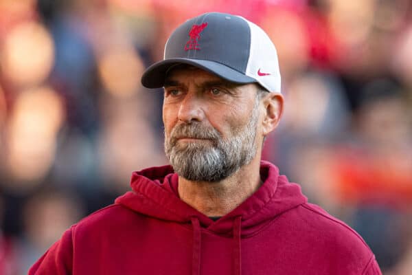 PRESTON, ENGLAND - Monday, August 7, 2023: Liverpool's manager Jürgen Klopp before a pre-season friendly match between Liverpool FC and SV Darmstadt 98 at Deepdale. Liverpool won 3-1. (Pic by David Rawcliffe/Propaganda)