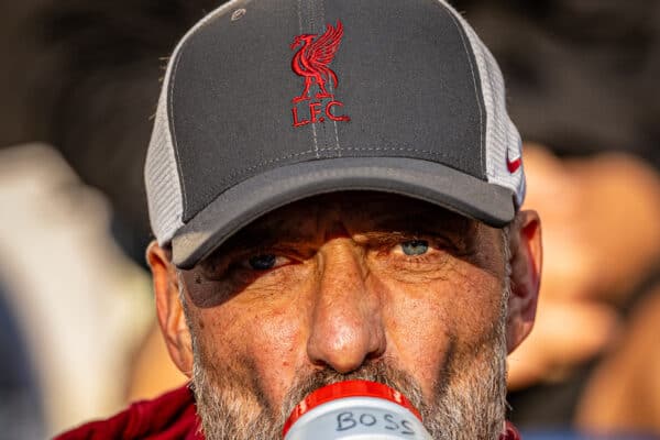 PRESTON, ENGLAND - Monday, August 7, 2023: Liverpool's manager Jürgen Klopp drinks from a plastic bottle labled "Boss" before a pre-season friendly match between Liverpool FC and SV Darmstadt 98 at Deepdale. Liverpool won 3-1. (Pic by David Rawcliffe/Propaganda)