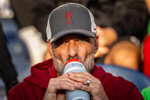 PRESTON, ENGLAND - Monday, August 7, 2023: Liverpool's manager Jürgen Klopp drinks from a plastic bottle labled "Boss" before a pre-season friendly match between Liverpool FC and SV Darmstadt 98 at Deepdale. Liverpool won 3-1. (Pic by David Rawcliffe/Propaganda)