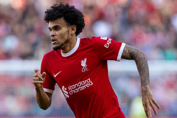 PRESTON, ENGLAND - Monday, August 7, 2023: Liverpool's Luis Díaz during a pre-season friendly match between Liverpool FC and SV Darmstadt 98 at Deepdale. Liverpool won 3-1. (Pic by David Rawcliffe/Propaganda)