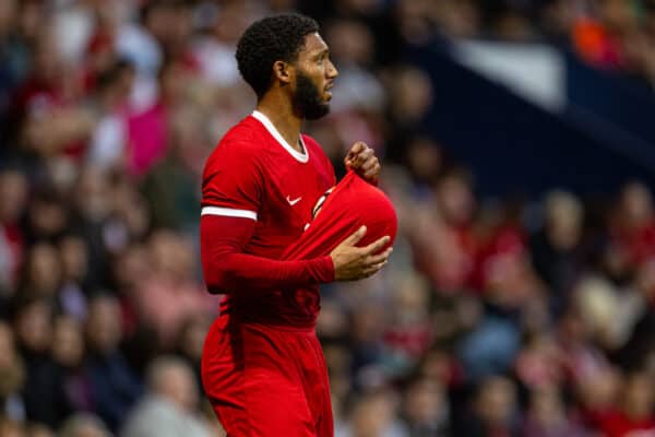 PRESTON, ENGLAND - Monday, August 7, 2023: Liverpool's Joe Gomez dries the ball with his shirt as he takes a throw-in during a pre-season friendly match between Liverpool FC and SV Darmstadt 98 at Deepdale. Liverpool won 3-1. (Pic by David Rawcliffe/Propaganda)