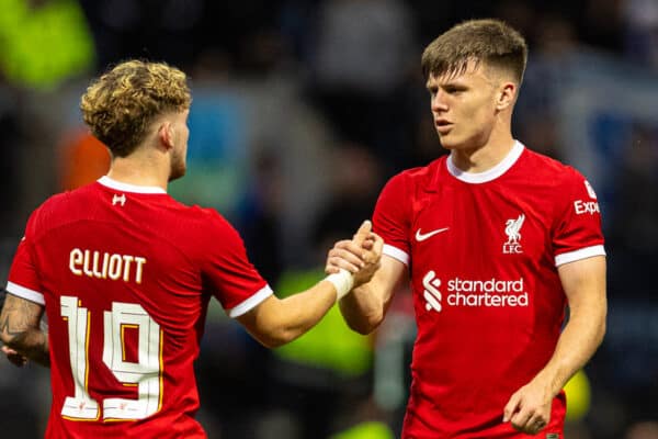 PRESTON, ENGLAND - Monday, August 7, 2023: Liverpool's Ben Doak (R) and Harvey Elliott during a pre-season friendly match between Liverpool FC and SV Darmstadt 98 at Deepdale. Liverpool won 3-1. (Pic by David Rawcliffe/Propaganda)