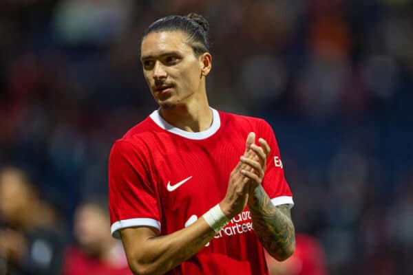 PRESTON, ENGLAND - Monday, August 7, 2023: Liverpool's Darwin Núñez applauds the supporters after a pre-season friendly match between Liverpool FC and SV Darmstadt 98 at Deepdale. Liverpool won 3-1. (Pic by David Rawcliffe/Propaganda)