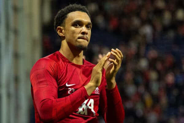 PRESTON, ENGLAND - Monday, August 7, 2023: Liverpool's Trent Alexander-Arnold applauds the supporters after a pre-season friendly match between Liverpool FC and SV Darmstadt 98 at Deepdale. Liverpool won 3-1. (Pic by David Rawcliffe/Propaganda)