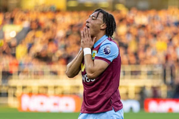 BURNLEY, ENGLAND - Friday, August 11, 2023: Burnley's Luca Warrick Koleosho looks dejected after missing a chance during the FA Premier League match between Burnley FC and Manchester City FC at Turf Moor. Man City won 3-0. (Pic by David Rawcliffe/Propaganda)