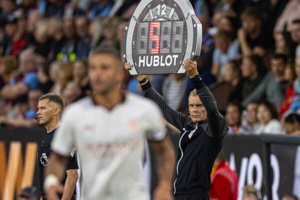 BURNLEY, ENGLAND - Friday, August 11, 2023: The fourth official hold up a board indicating five minutes of added time to the first half during the FA Premier League match between Burnley FC and Manchester City FC at Turf Moor. Man City won 3-0. (Pic by David Rawcliffe/Propaganda)
