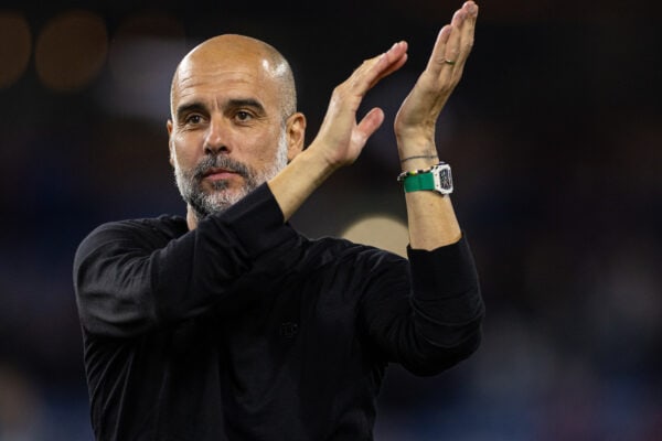 BURNLEY, ENGLAND - Friday, August 11, 2023: Manchester City's manager Josep 'Pep' Guardiola celebrates after the FA Premier League match between Burnley FC and Manchester City FC at Turf Moor. Man City won 3-0. (Pic by David Rawcliffe/Propaganda)