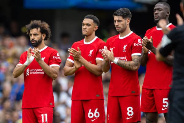 LONDON, ENGLAND - Sunday, August 13, 2023: Liverpool's Mohamed Salah, Trent Alexander-Arnold, Dominik Szoboszlai and Ibrahima Konaté stand for a moment's applause before the FA Premier League match between Chelsea FC and Liverpool FC at Stamford Bridge. The game ended in a 1-1 draw. (Pic by David Rawcliffe/Propaganda)