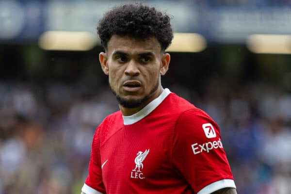 LONDON, ENGLAND - Sunday, August 13, 2023: Liverpool's Luis Díaz during the FA Premier League match between Chelsea FC and Liverpool FC at Stamford Bridge. The game ended in a 1-1 draw. (Pic by David Rawcliffe/Propaganda)