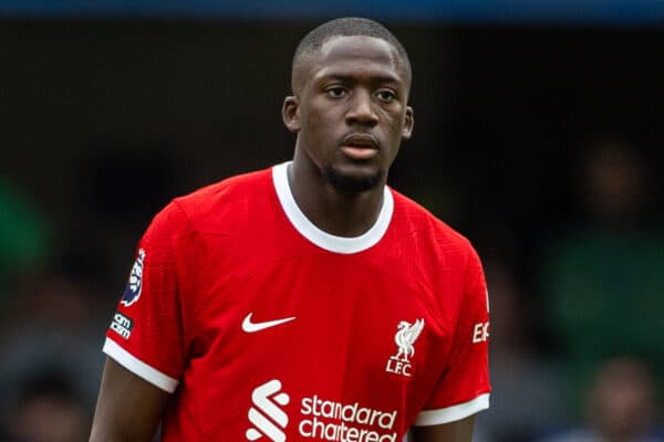 LONDON, ENGLAND - Sunday, August 13, 2023: Liverpool's Ibrahima Konaté during the FA Premier League match between Chelsea FC and Liverpool FC at Stamford Bridge. The game ended in a 1-1 draw. (Pic by David Rawcliffe/Propaganda)