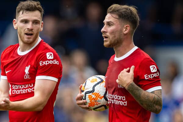 LONDON, ENGLAND - Sunday, August 13, 2023: Liverpool's Andy Robertson (L) and Alexis Mac Allister during the FA Premier League match between Chelsea FC and Liverpool FC at Stamford Bridge. The game ended in a 1-1 draw. (Pic by David Rawcliffe/Propaganda)