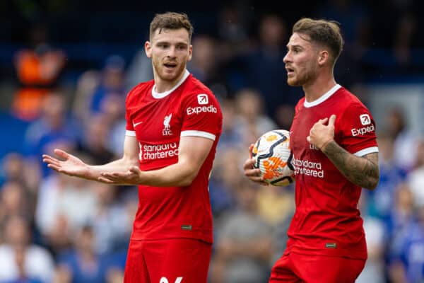 LONDON, ENGLAND - Sunday, August 13, 2023: Liverpool's Andy Robertson (L) and Alexis Mac Allister during the FA Premier League match between Chelsea FC and Liverpool FC at Stamford Bridge. The game ended in a 1-1 draw. (Pic by David Rawcliffe/Propaganda)